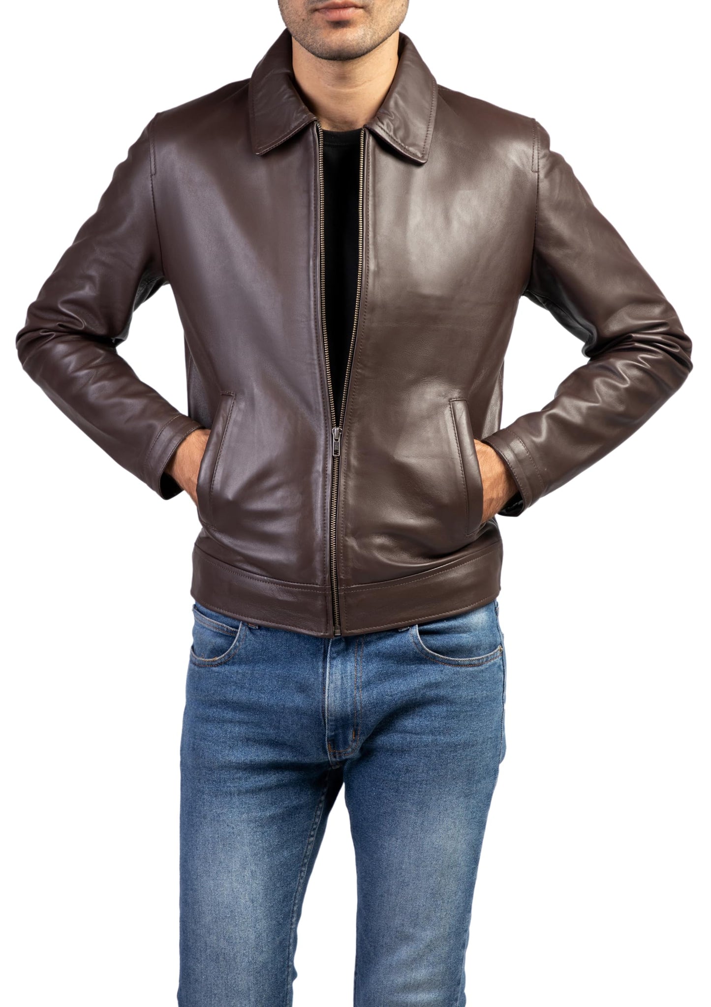 Jild Polo Collar Premium Leather Jacket Men - Old School Classic Style Everyday Wear Real Lambskin Mens Leather Jacket (Polo-Brown-M)