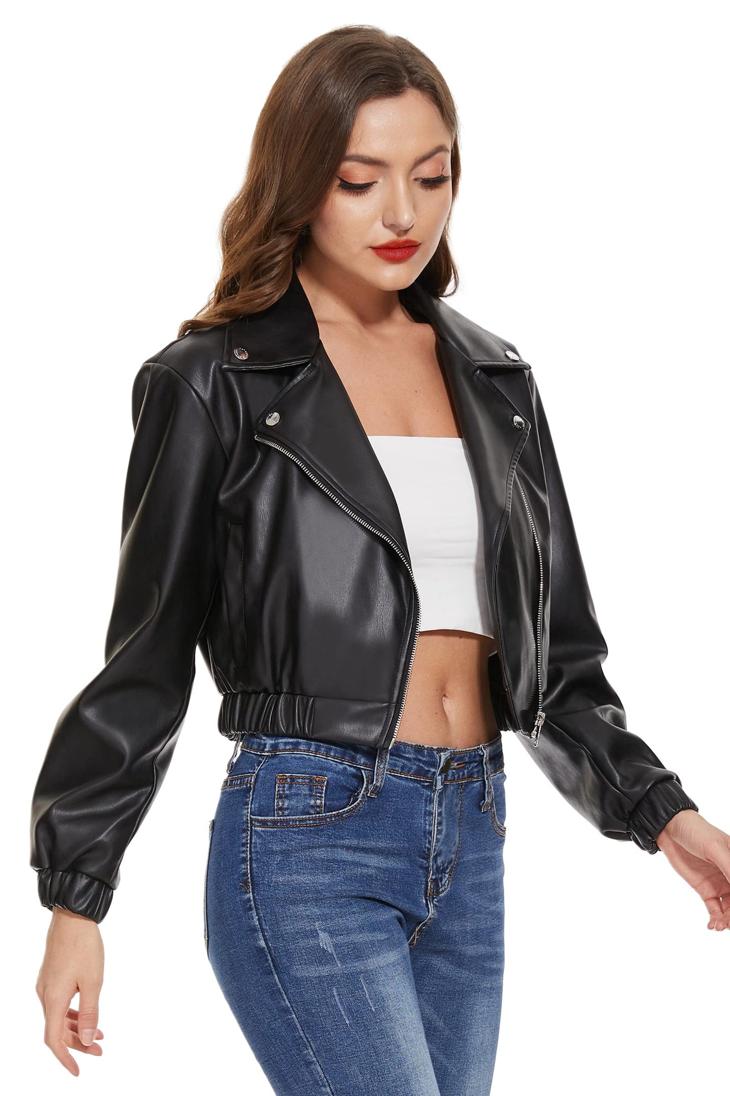 Fahsyee Faux Leather Jacket Women - Black Motorcycle Short Coat Moto Biker Blazer Plus Size Casual Pleather Jackets Fashion M