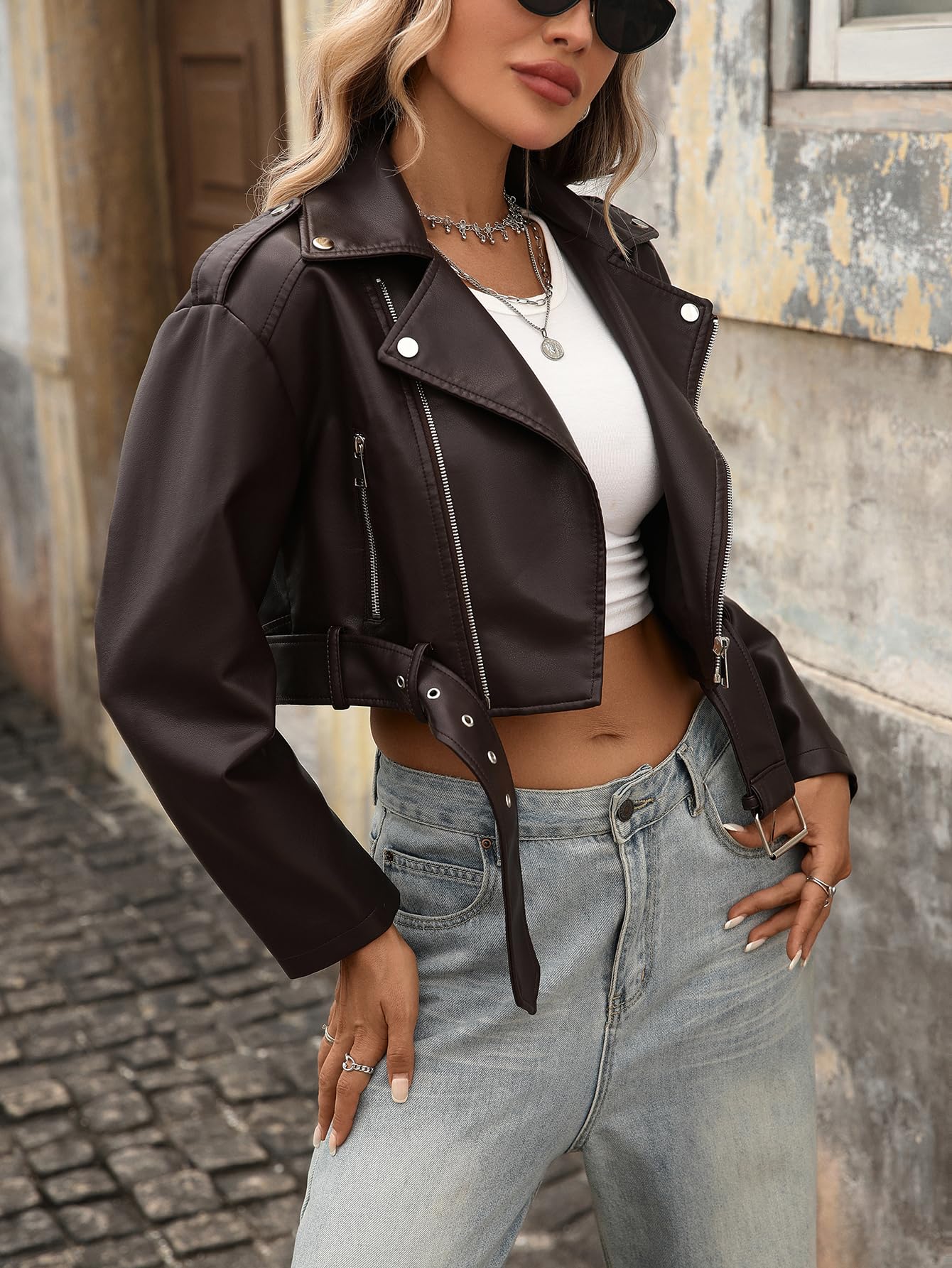 LY VAREY LIN Women Faux Leather Cropped Jacket Bomber Aviator Motor Biker Coat with Belt