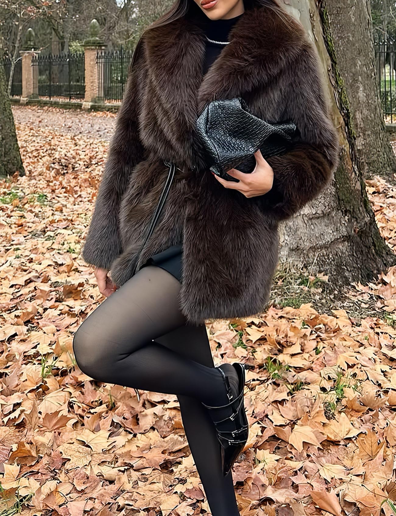 PEHMEA Women's Mid-Length Faux Fur Coats Winter Warm Fuzzy Jackets Long Sleeve Lapel Fashion Casual Fluffy Shaggy Parka Coat(Brown-M)