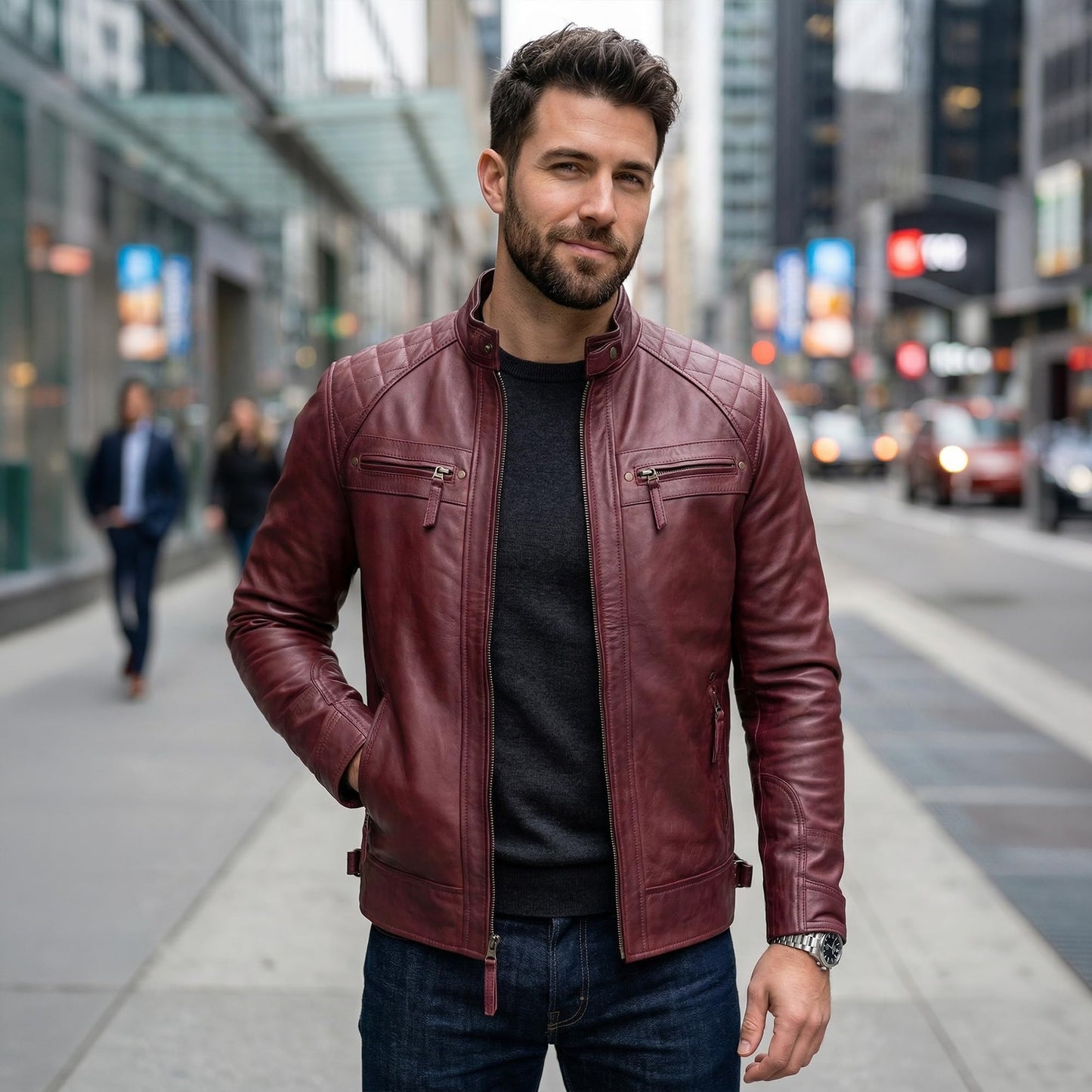 UrbanFocal Leather Jacket Men - Mens Maroon Leather Jackets | [101000403] Diamond1 Maroon, M