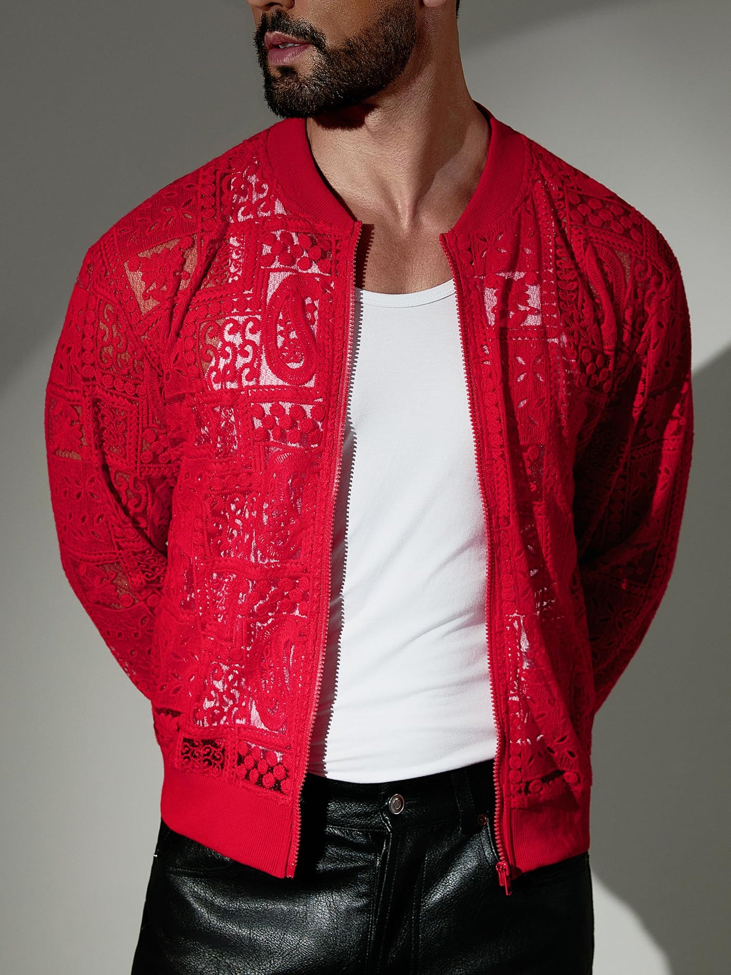 Csqopt Men's Floral Lace Zip Up Jacket Long Sleeve Crochet Sheer Coat Mesh Casual Outerwear Red M
