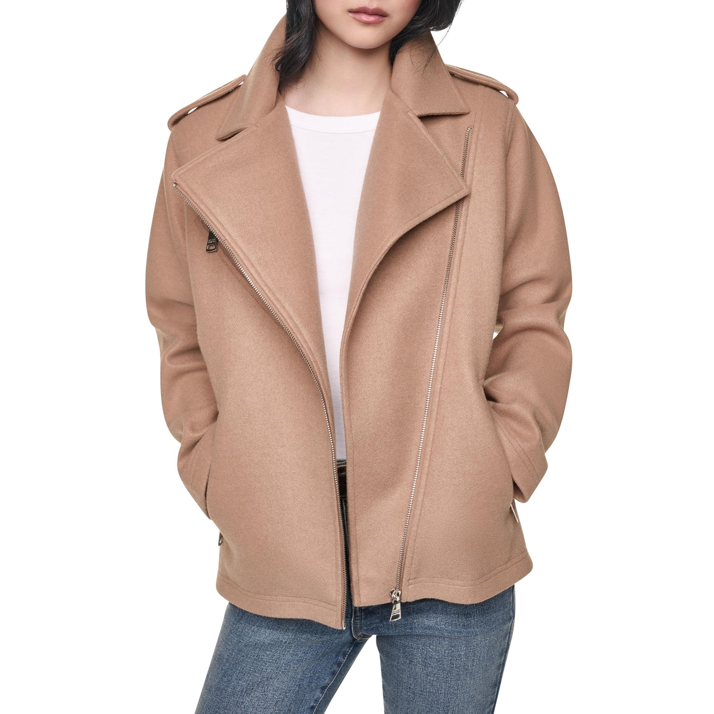 DKNY Women's Assymetrical Zip Front Moto Jacket, Woodsmoke, Medium