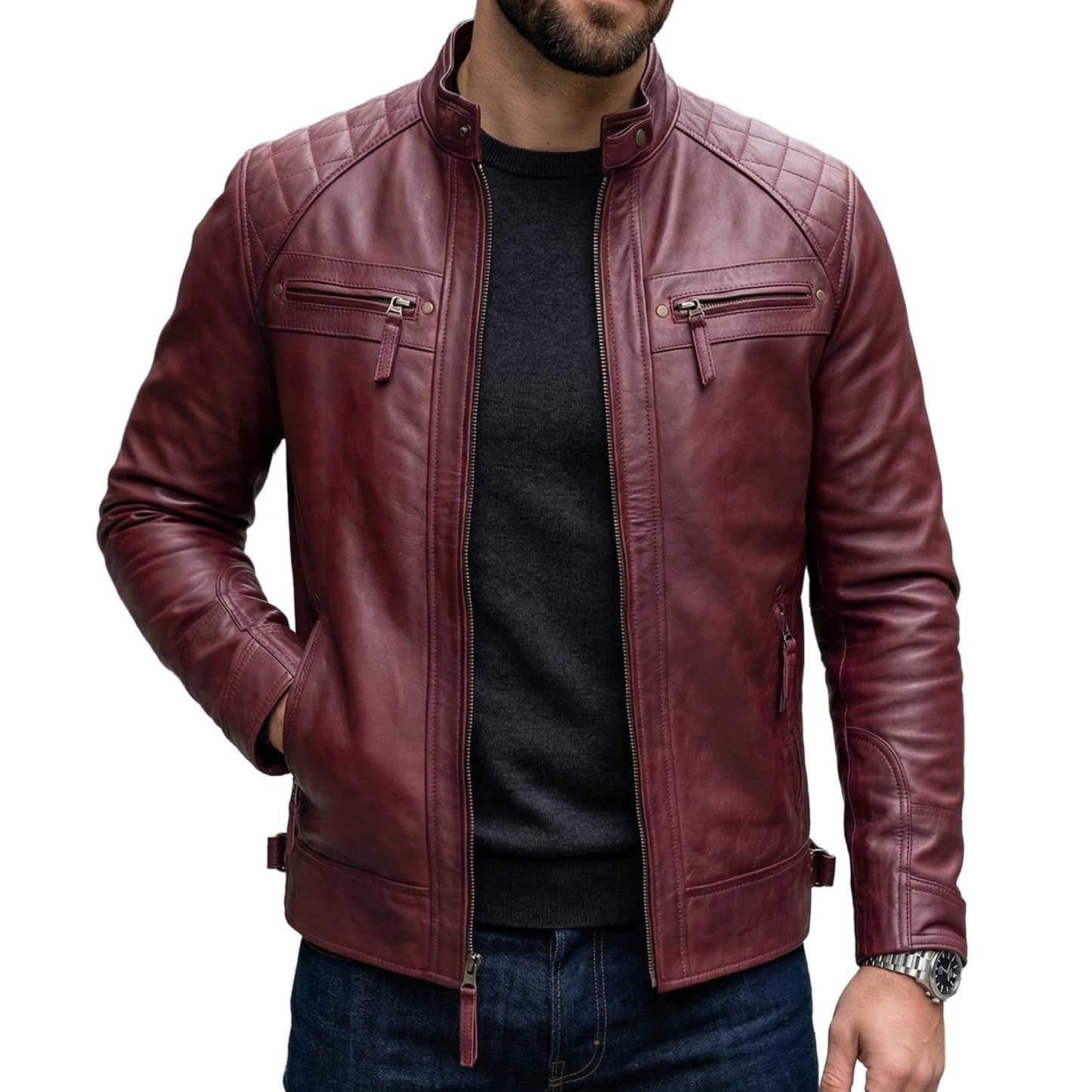 UrbanFocal Leather Jacket Men - Mens Maroon Leather Jackets | [101000403] Diamond1 Maroon, M