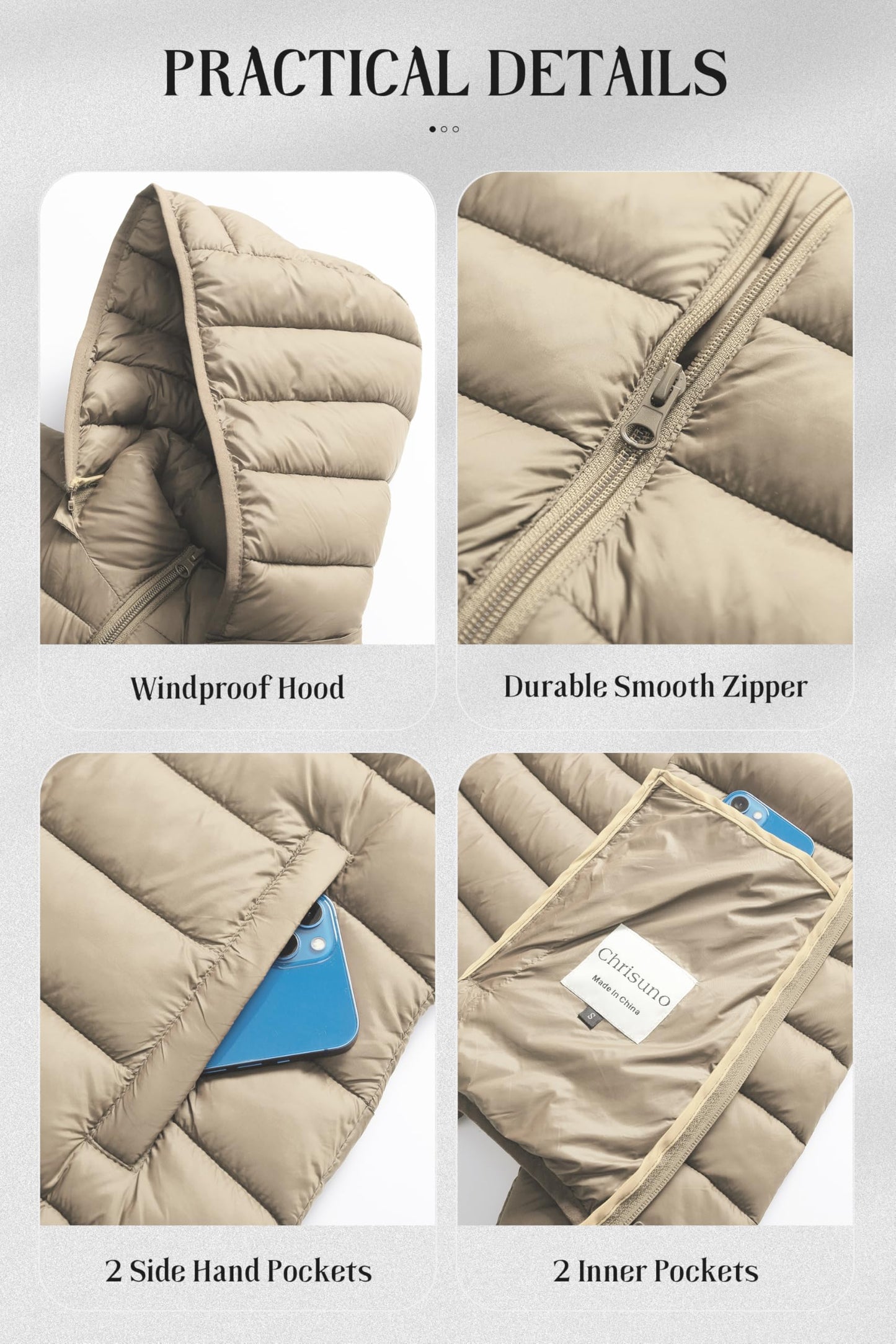 Chrisuno Winter Jackets For Women Women's Packable Puffer Jacket Lightweight Warm Quilted Coat With Detachable Hood Khaki 2XL