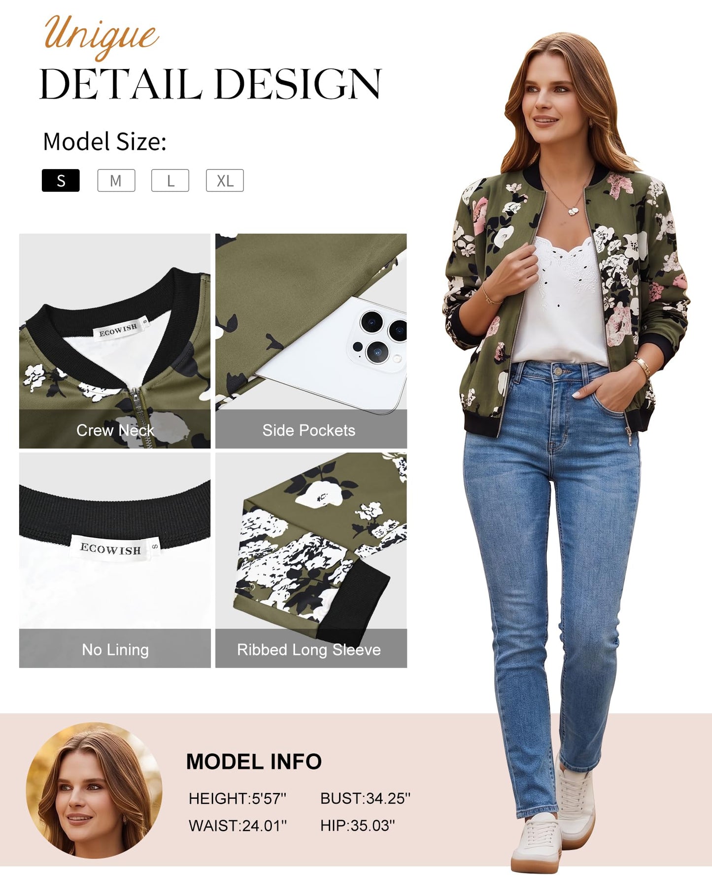 ECOWISH Women's Casual Floral Zip Up Bomber Jacket Lightweight Coat Short No Lining Quilted Outwear Tops Pocket Thin Outfit 333 Army Green Medium