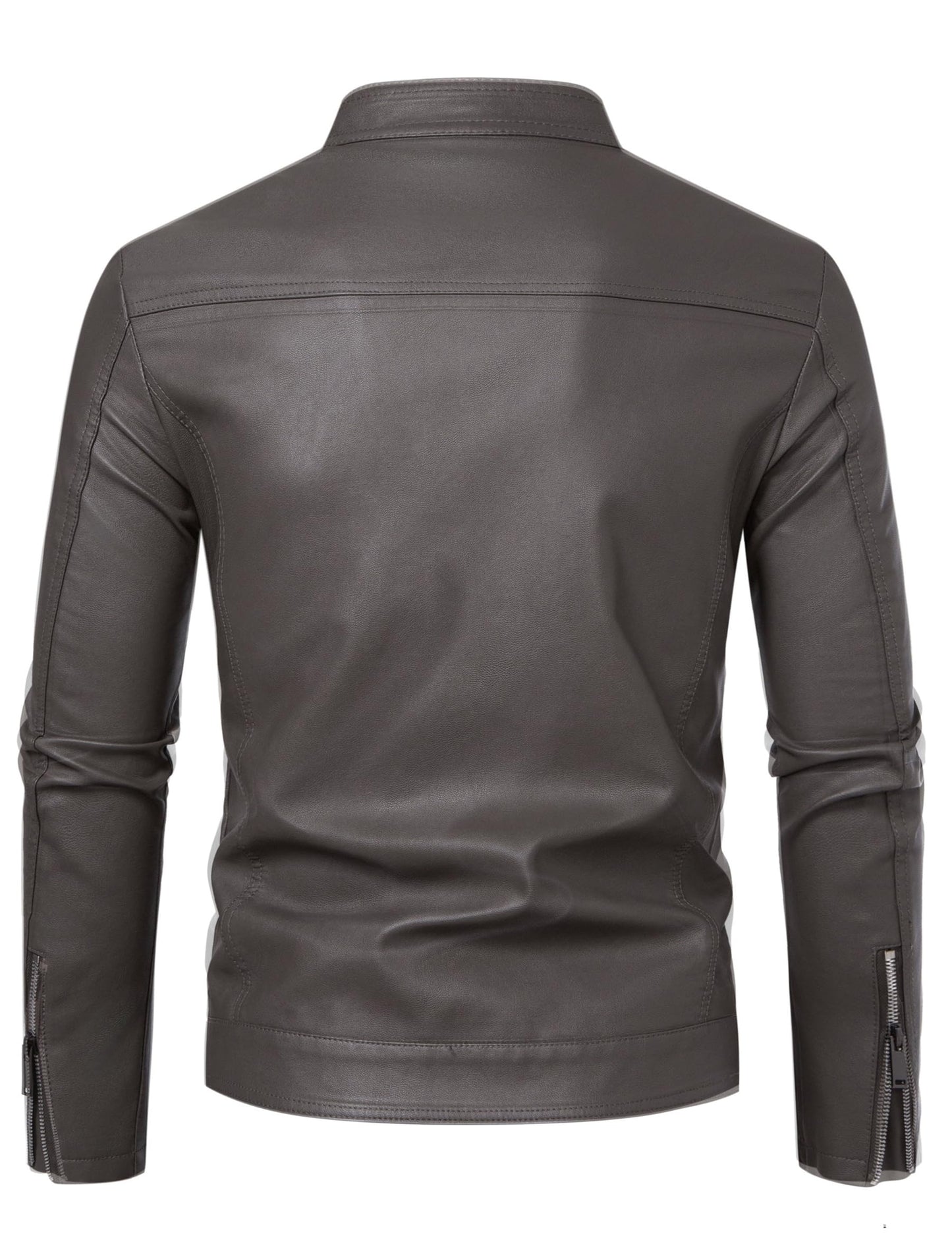 Grey Leather Jacket Men Faux Leather Motorcycle Stand Collar Biker Coat L