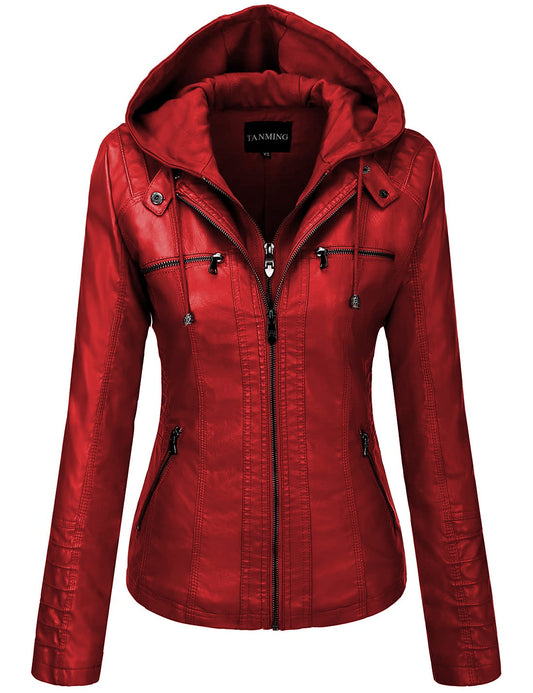 Tanming Womens Faux Leather Jacket Hooded Moto Biker Coat Outerwear Fall Fashion Outfits Winter Clothes