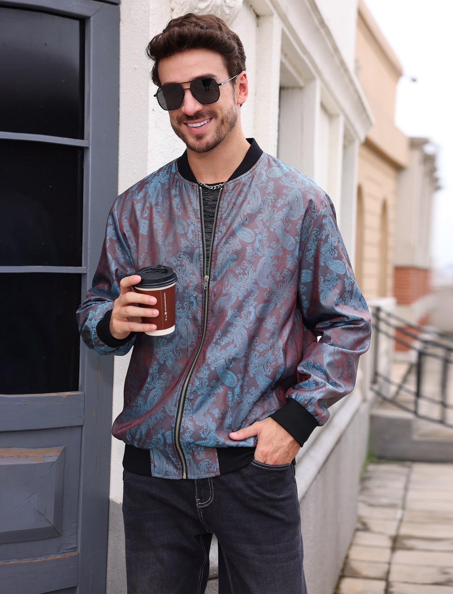 Bomber Jacket Windbreaker Jackets Men 70s Disco Men Long Sleeve Zip Up Varsity Jacket Stand Collar Coat With Pockets Nightclubs Leisure Holiday Fall Winter Chaqueta Bomber Para Hombre Purple-Blue S