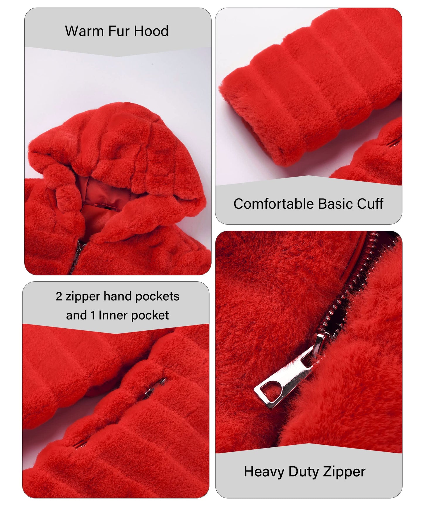 RISISSIDA Women Long Faux Fur Coat Fuzzy Jacket with Hood Fleece Winter Fall Thermal Shearling Warm Fluffy Furry Overcoat B Red 120757A X-L