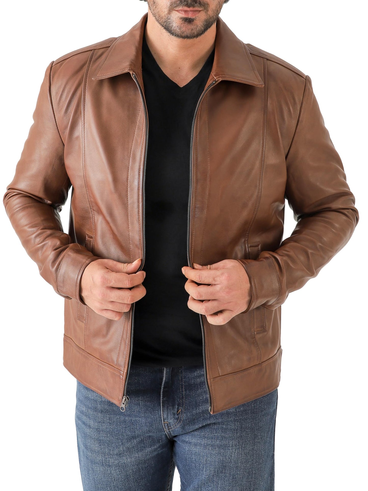 Jild Classic Shirt Collar Leather Jacket Men - John Wick Style Real Lambskin Mens Leather Jacket (John.W-Cognac-XL)