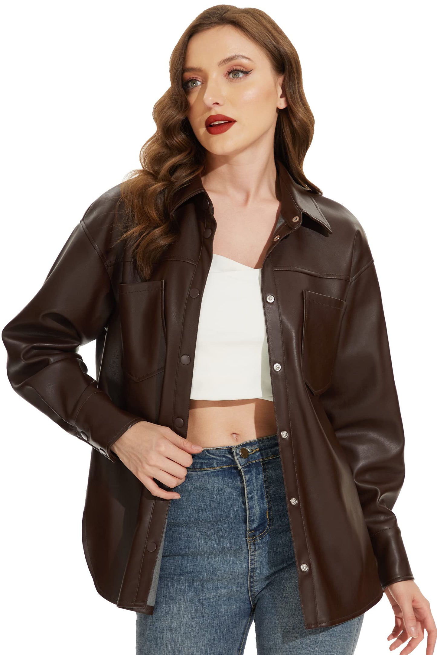 Fahsyee Women Faux Leather Shacket Moto Biker Shirts Loose Fit Blazer Long Sleeves Button Casual Jacket Plus Size S-XXL