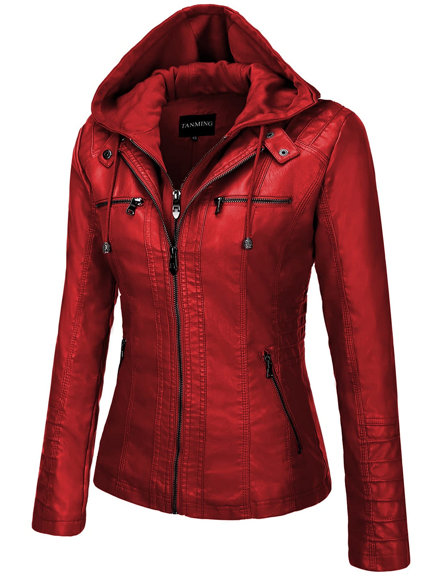 Tanming Womens Faux Leather Jacket Hooded Moto Biker Coat Outerwear Fall Fashion Outfits Winter Clothes