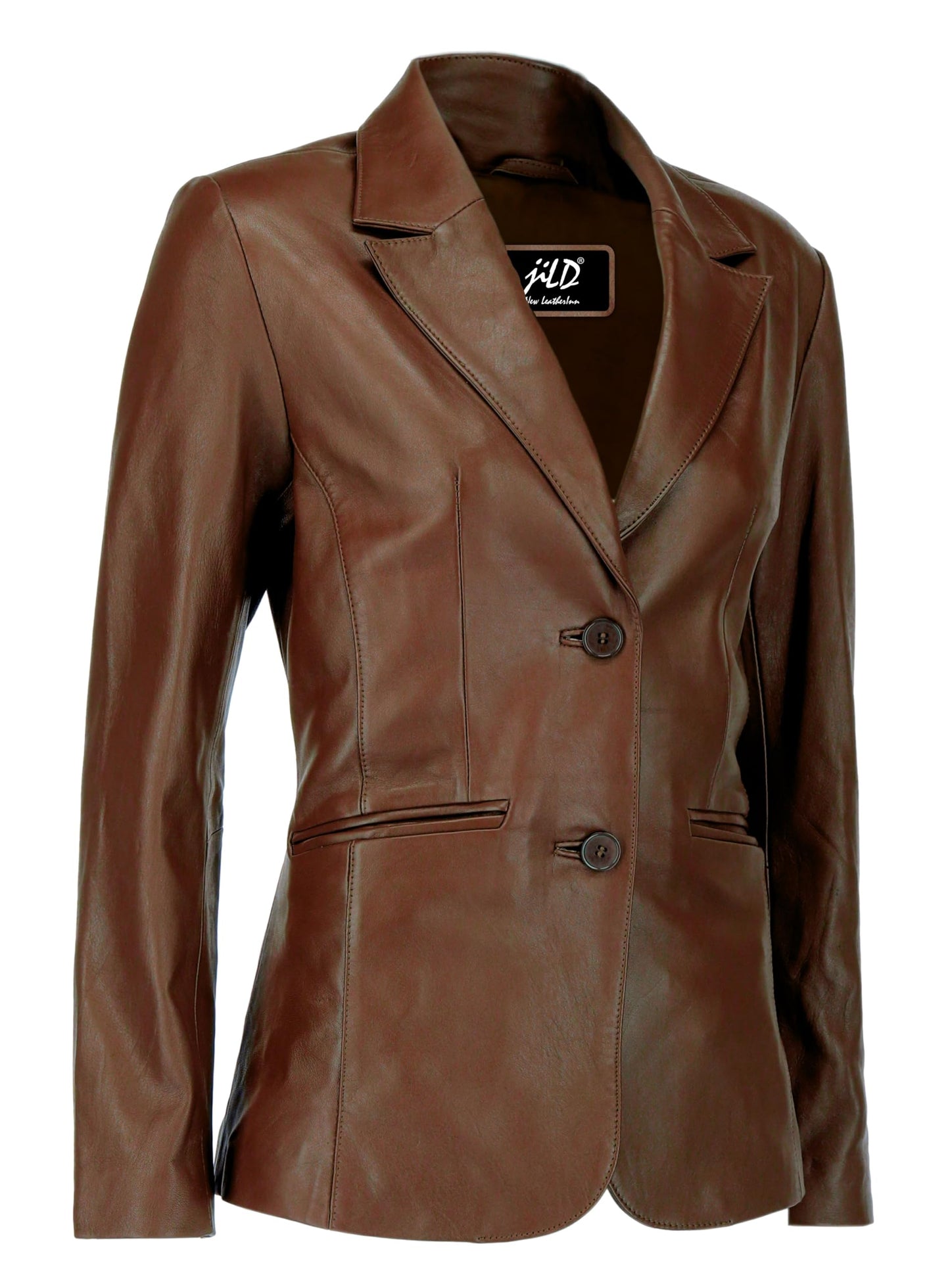 Jild Classic 2-Button Lambskin Leather Blazer Women - Casual Coat Long Sleeves Suit Style Leather Jacket Women (LC-Brn-L)