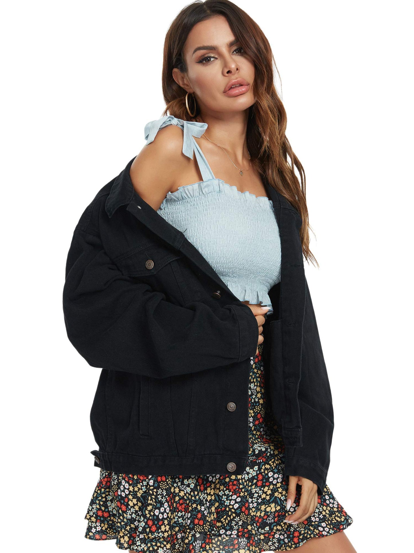 Just Quella Jean Jacket Women Black Oversized Denim Jacket (L, Black)
