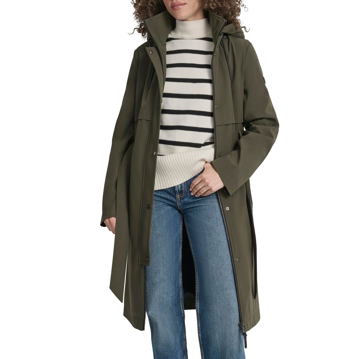 DKNY Women's Hooded Belted Trench Coat – Long Water-Resistant Lightweight Jacket with Pockets, Loden, XL