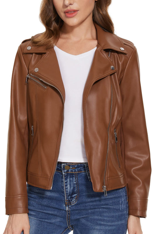 Fahsyee Women's Faux Leather Jackets, Zip Up Motorcycle Elastic Sleeve Short PU Moto Biker Outwear Fitted Coat Brown M