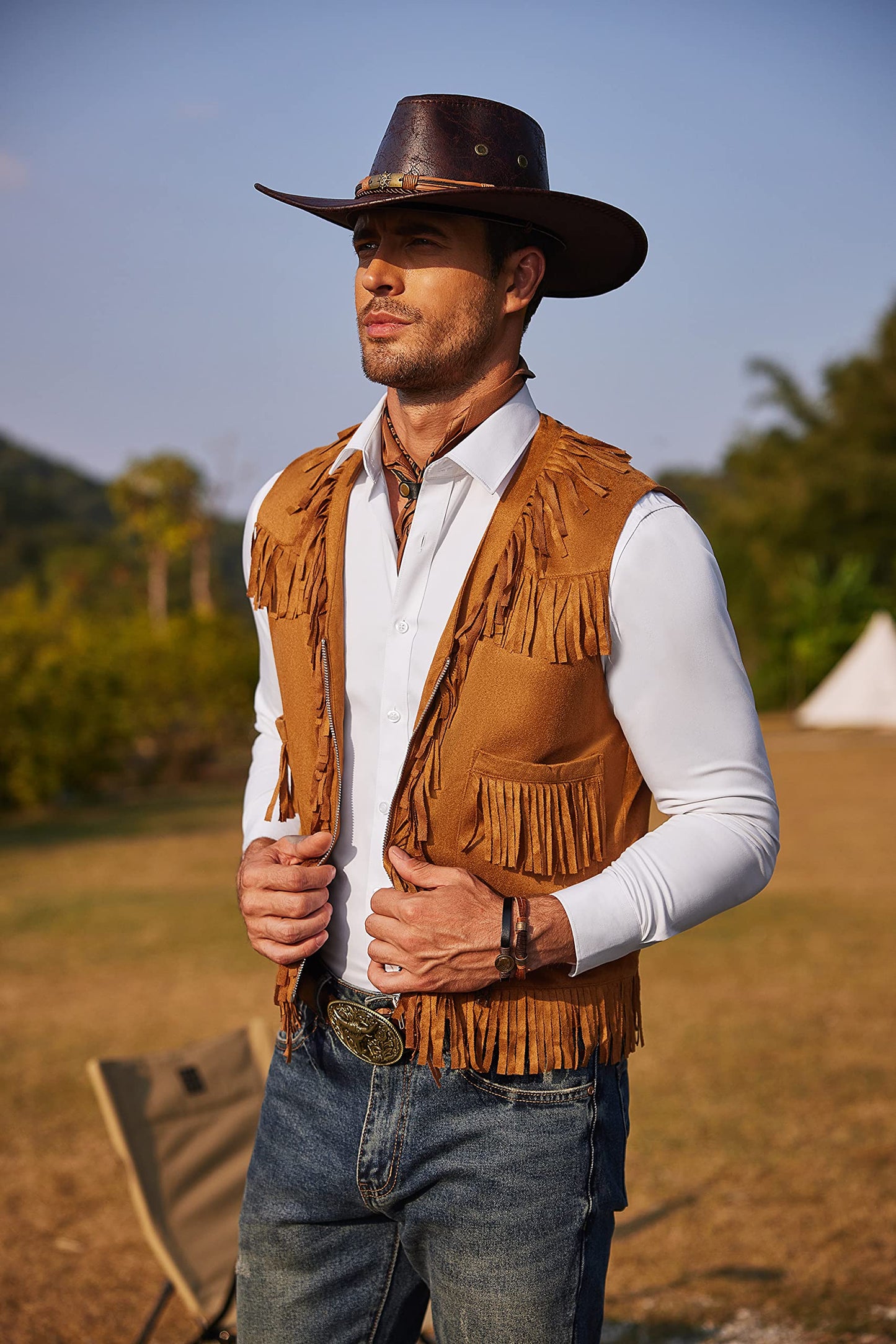 COOFANDY Men's Rodeo Vest Western Cowboy Vest Casual Fringe Hippie Costume V Neck Zipper Suede Leather Waistcoat