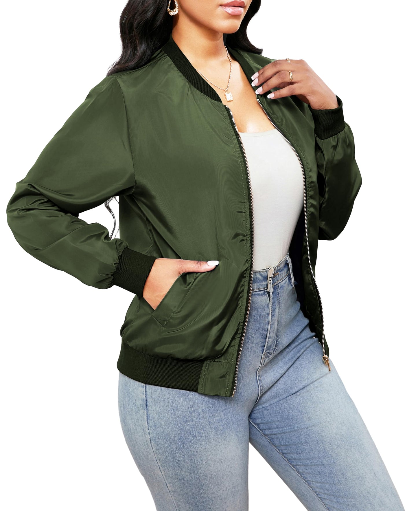 sexycherry ArmyGreen Bomber Jackets for Women Casual Short Outwear Coats