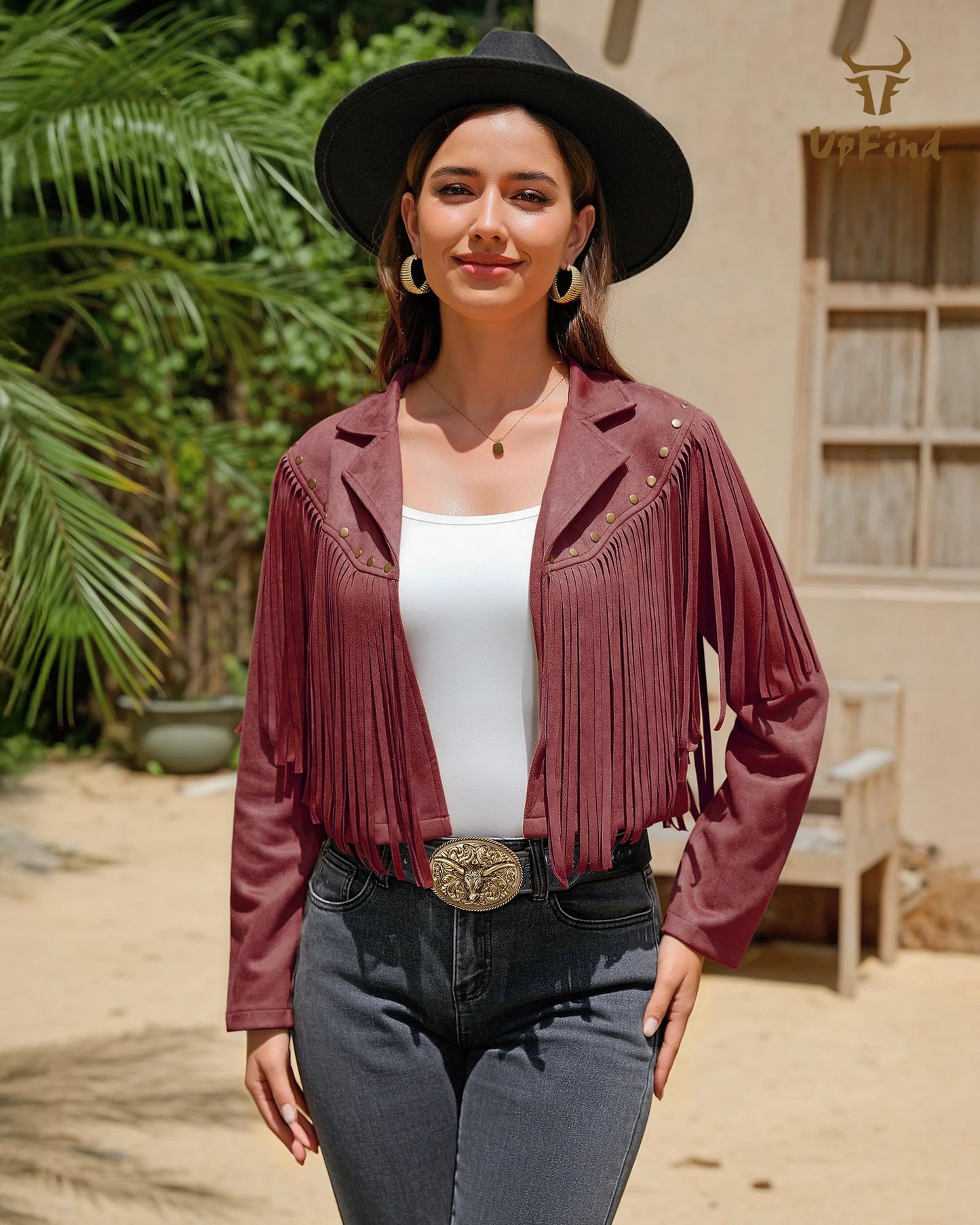 UpFind Women's Fringe Faux Suede Leather Jackets Fashion Fall Western Tassel Motorcycle Cropped Open Front Coats with Rivets, Wine Red/Medium