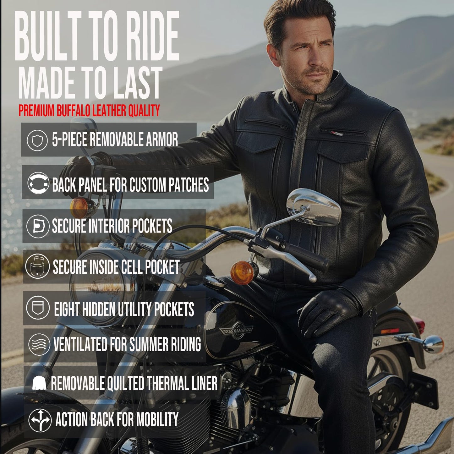 COMMUTER Men's Motorcycle Jacket, Premium Buffalo Leather, CE Armor - Ventilation, Utility Pockets, Cruiser Biker Tan XL