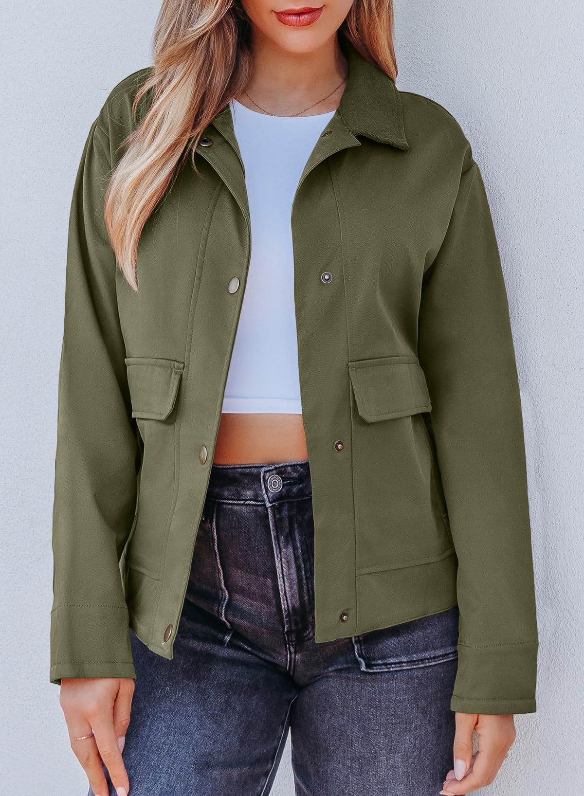 EVALESS Bomber Jacket Women Lightweight Button Down Jackets,Green,M