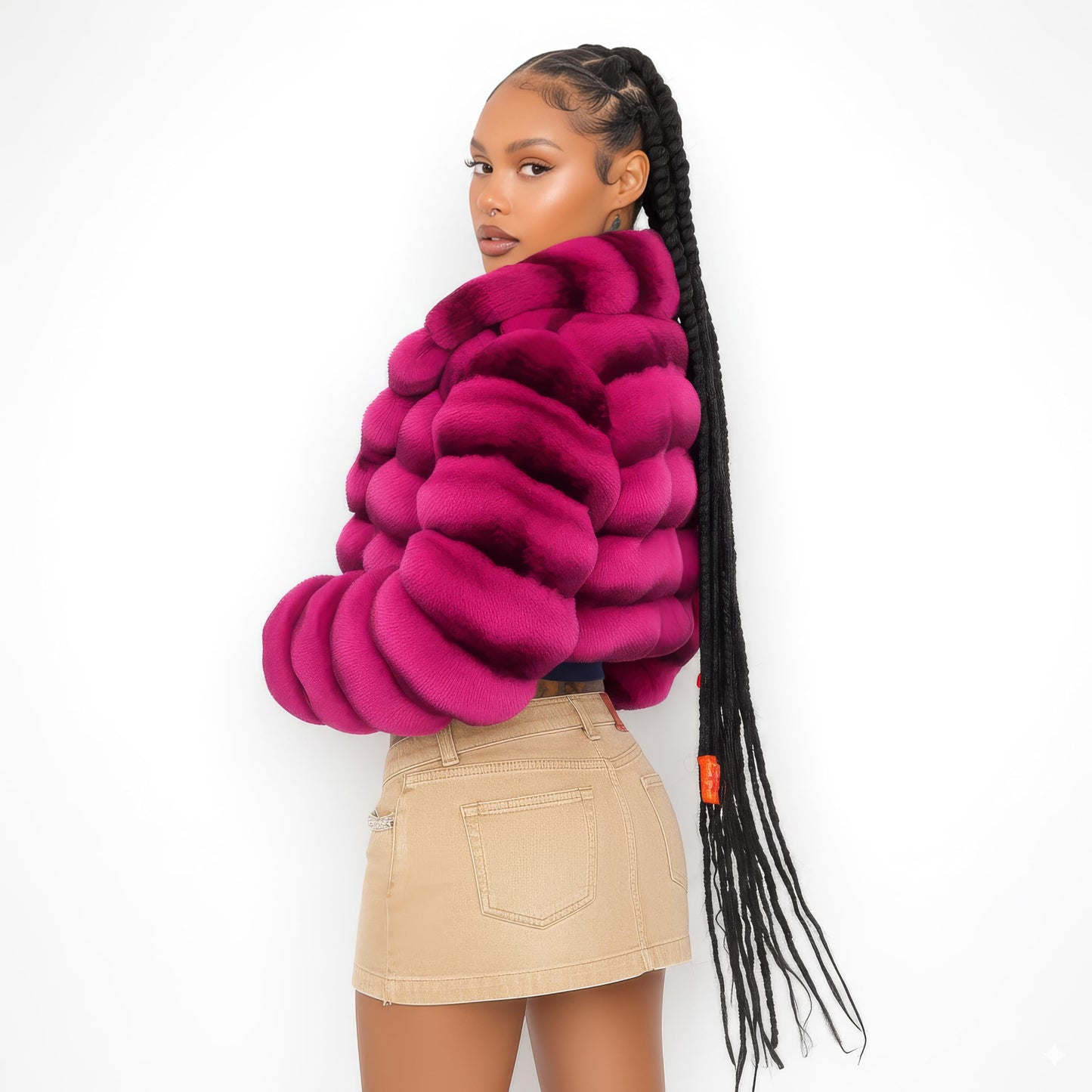 DLNYC - Luxury Chinchilla Faux Fur Jacket for Women, Cropped Puffer Style, Puffer Style, Women's Winter Outerwear (US, Alpha, Medium, Regular, Regular, Pink)