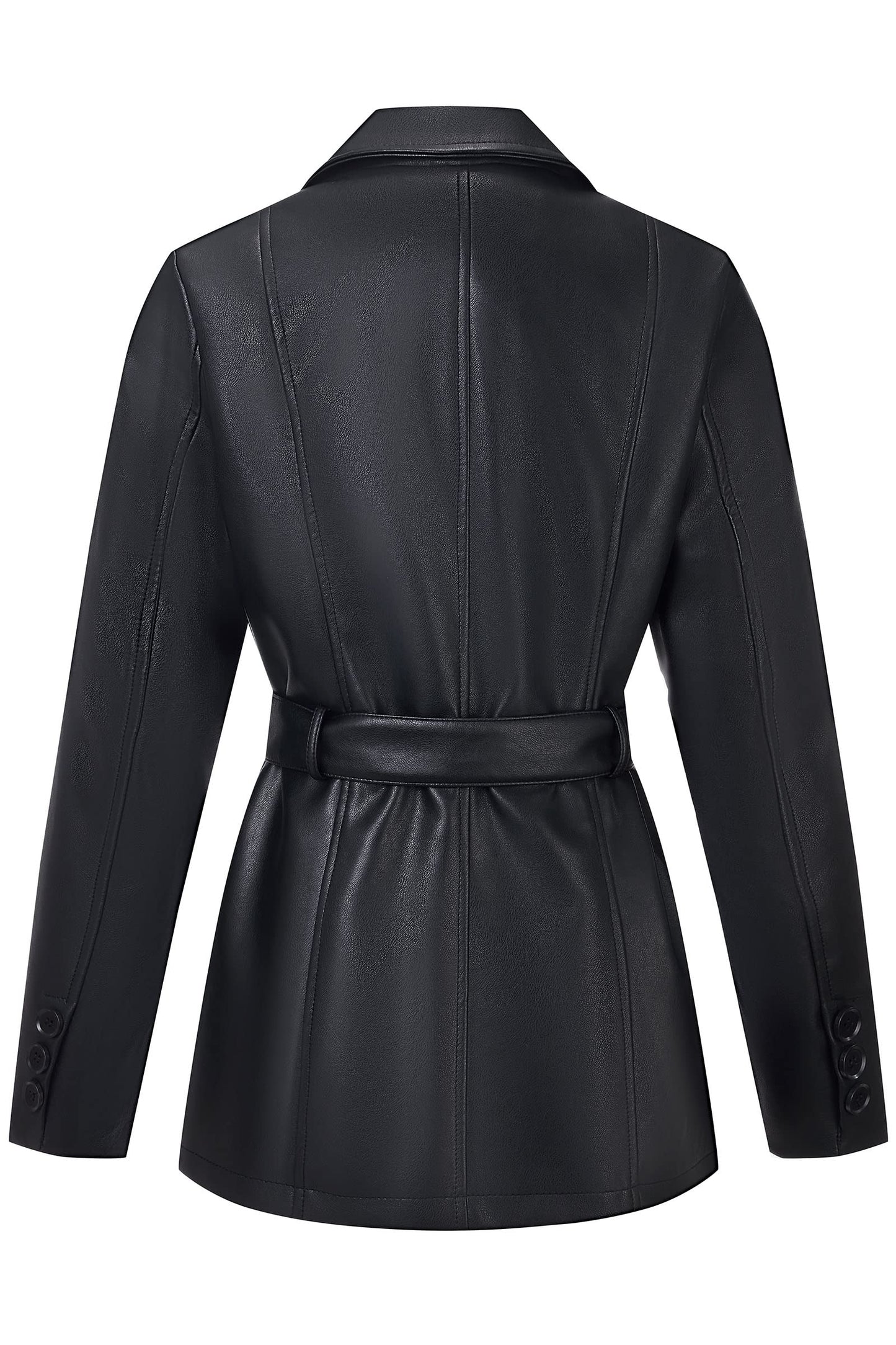 RISISSIDA Women Faux Leather Blazer Jacket with Belt,Soft PU Coat,Black,S