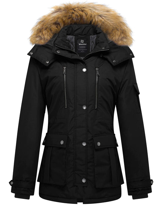 Wantdo Women's Quilted Winter Coat Warm Puffer Jacket Thicken Parka with Removable Hood Black Large