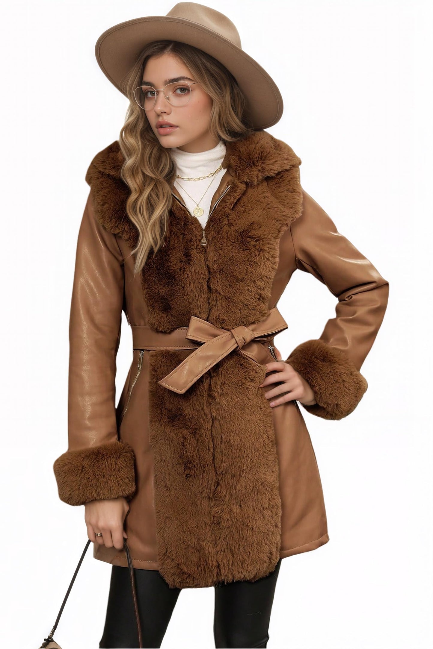 RISISSIDA Luxurious Fur Lined Faux Leather Jacket Women Winter Coat Hood Long Fur Collar Cuffs Zipper Up Pockets,Thick Warm Heavy Overcoat Belted Camel M