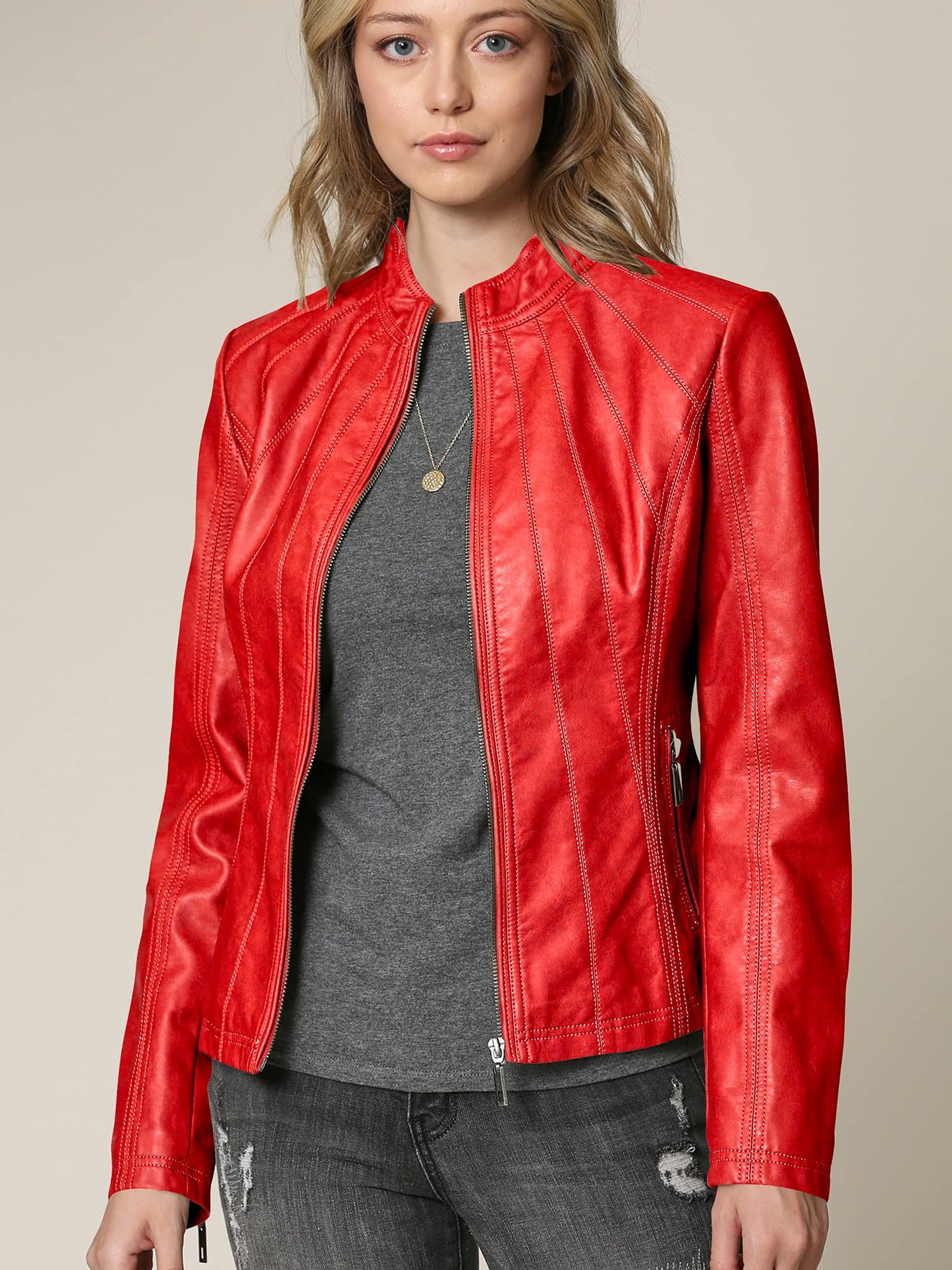 MBJ WJC877 Womens Panelled Faux Leather Moto Jacket M RED