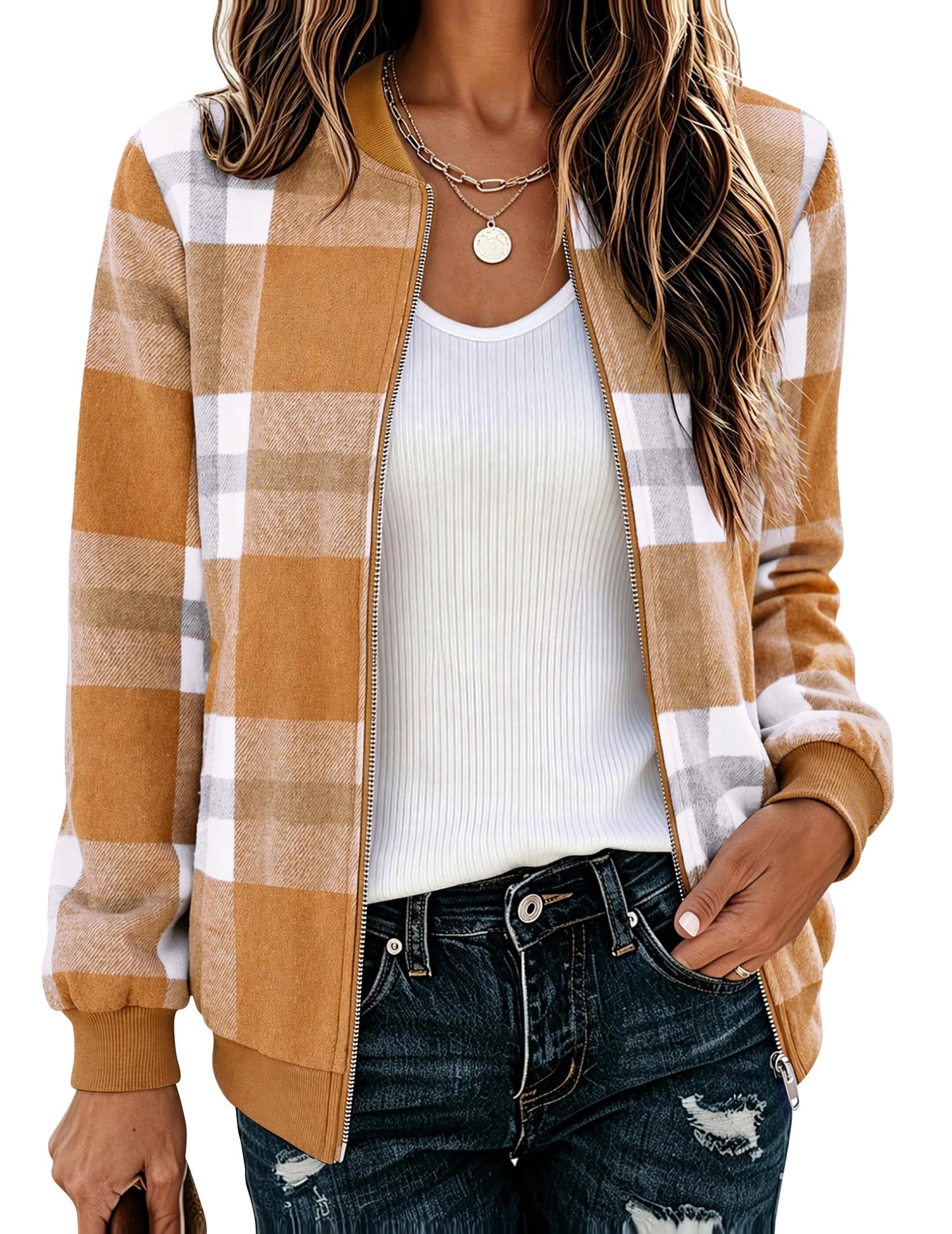 Zeagoo Jackets for Women Plaid Flannel Bomber Jacket Fall Lightweight Coats