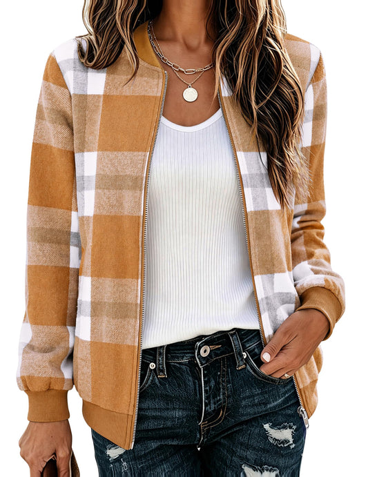 Zeagoo Jackets for Women Plaid Flannel Bomber Jacket Fall Lightweight Coats