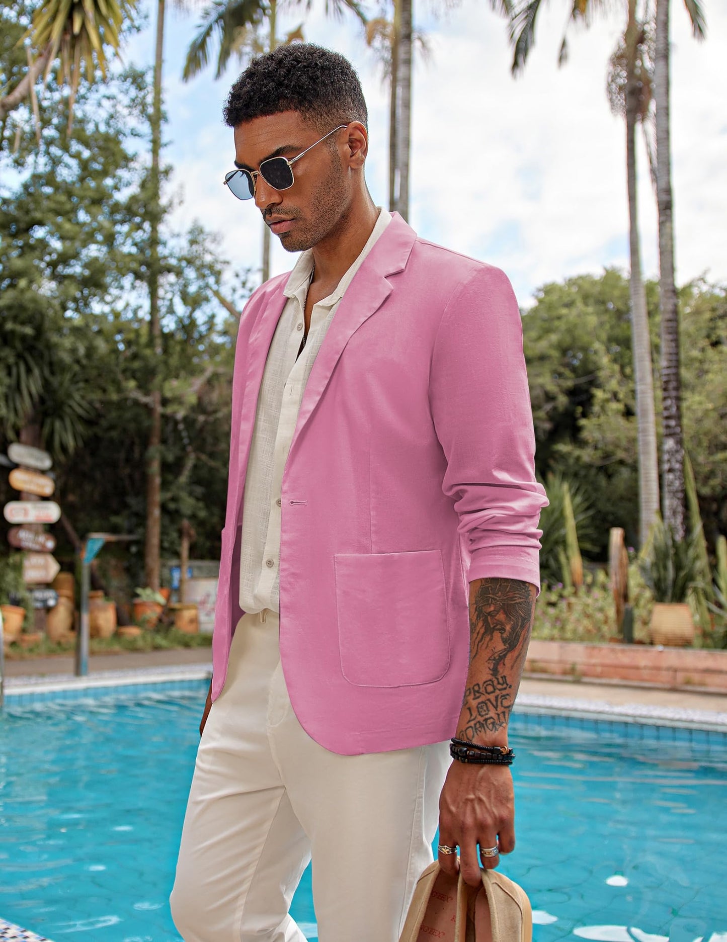 COOFANDY Men's Casual Linen Blazer Lightweight Regular Fit One Button Sport Coat Wedding Suit Jacket Pink