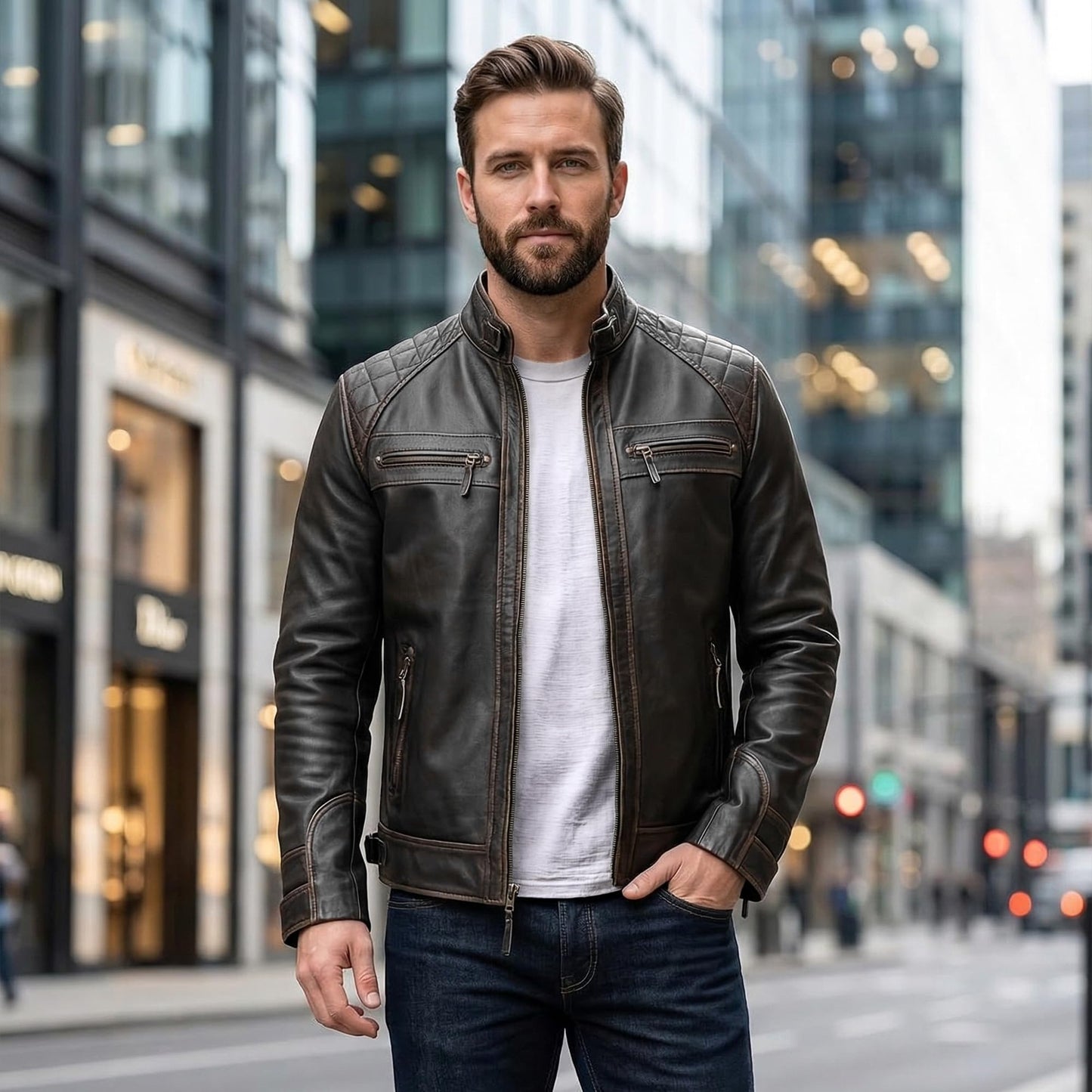 UrbanFocal Brown Leather Jacket Men - Quilted Moto Jacket Men for Bikers | [101000303] Diamond1 Ruboff, M