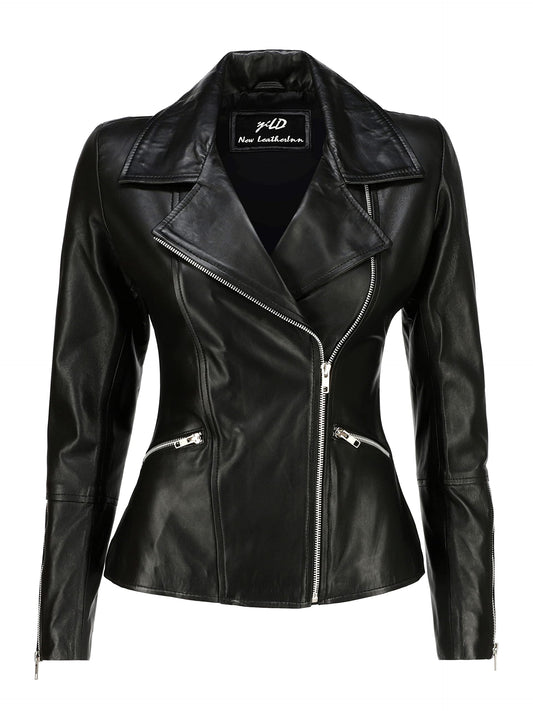 Jild Women's Asymmetrical Zip-Up Real Lambskin Leather Motorcycle Jacket - Casual Fashion Moto Biker Leather Jacket Women (BW-Blk-XL)