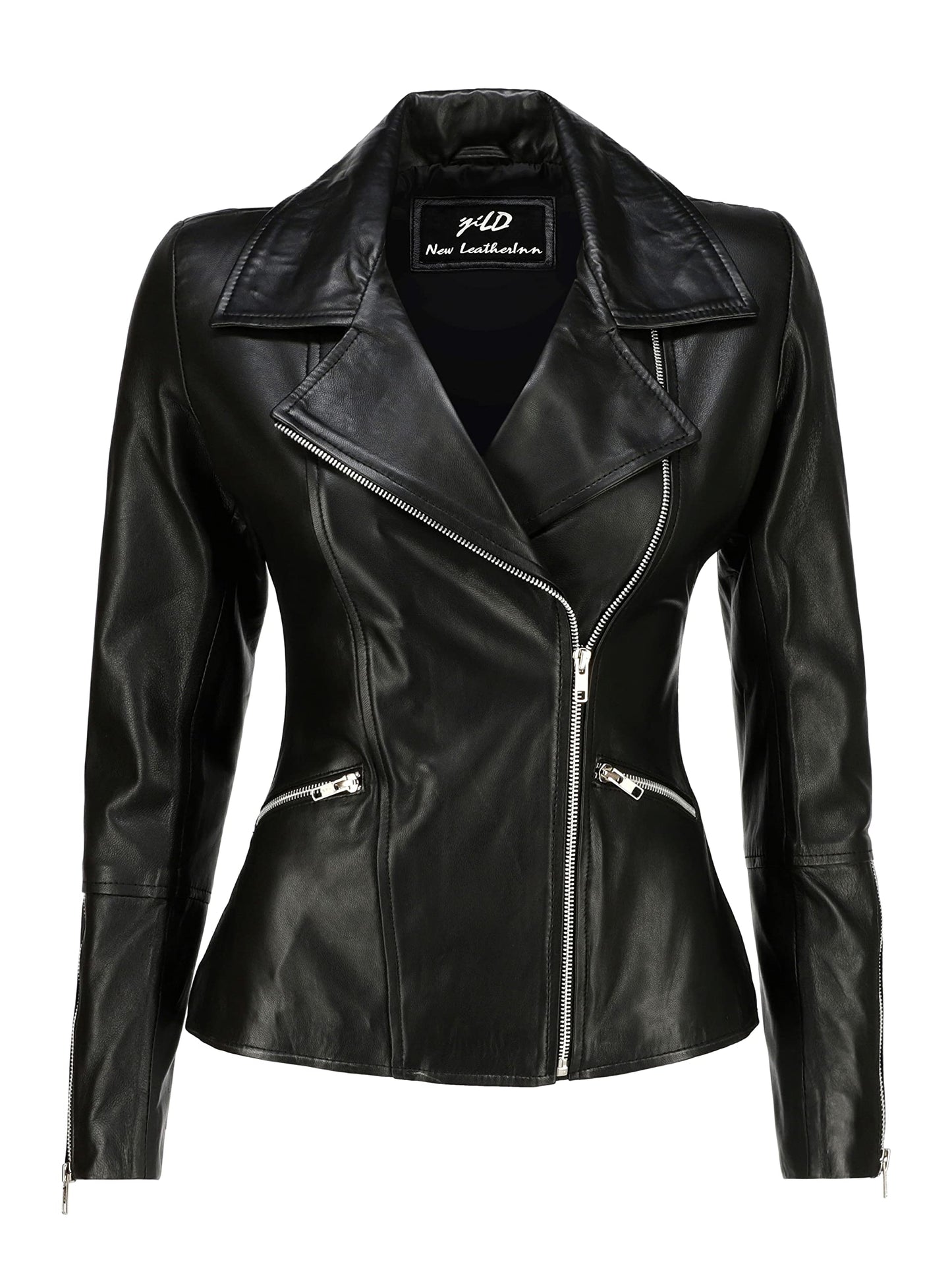 Jild Women's Asymmetrical Zip-Up Real Lambskin Leather Motorcycle Jacket - Casual Fashion Moto Biker Leather Jacket Women (BW-Blk-L)