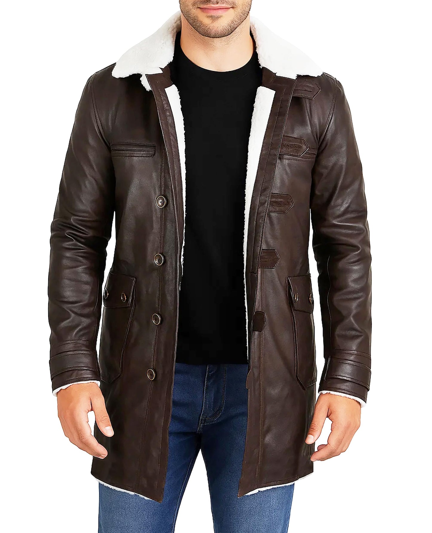 III-Fashions Men's BN Faux Fur Shearling Brown Faux Leather Pea Coat Costume Winter Overcoat