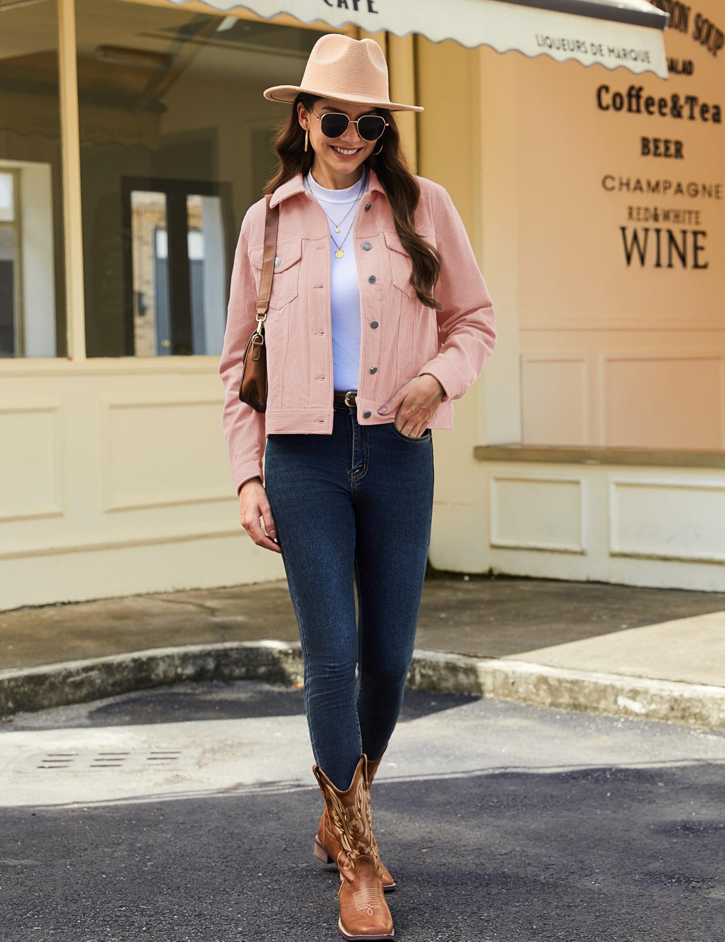 YUCOLEN Womens Corduroy Jacket Button Down Collared Coat Light Pink M