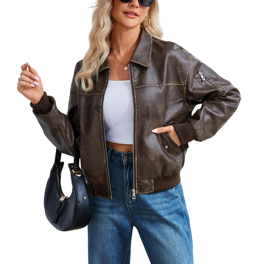 Tanming Womens Leather Jacket Fall Fashion Motorcycle Biker Bomber Jacket Zip Up Winter Coat Outerwear (Coffee-L)