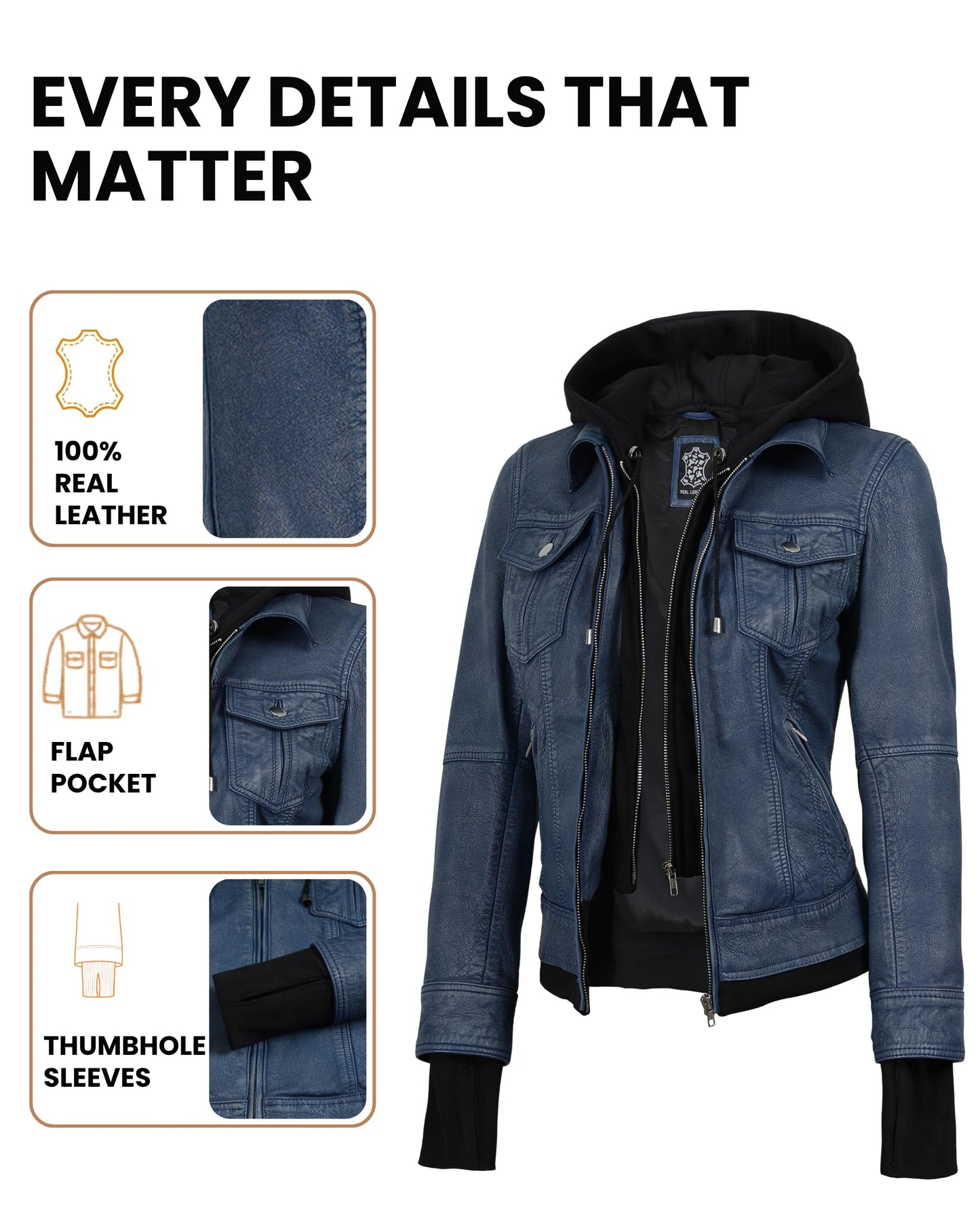 Decrum Leather Jacket With Hood - Leather Jacket With Hood | [1332716] Betty Washed Blue, XXL