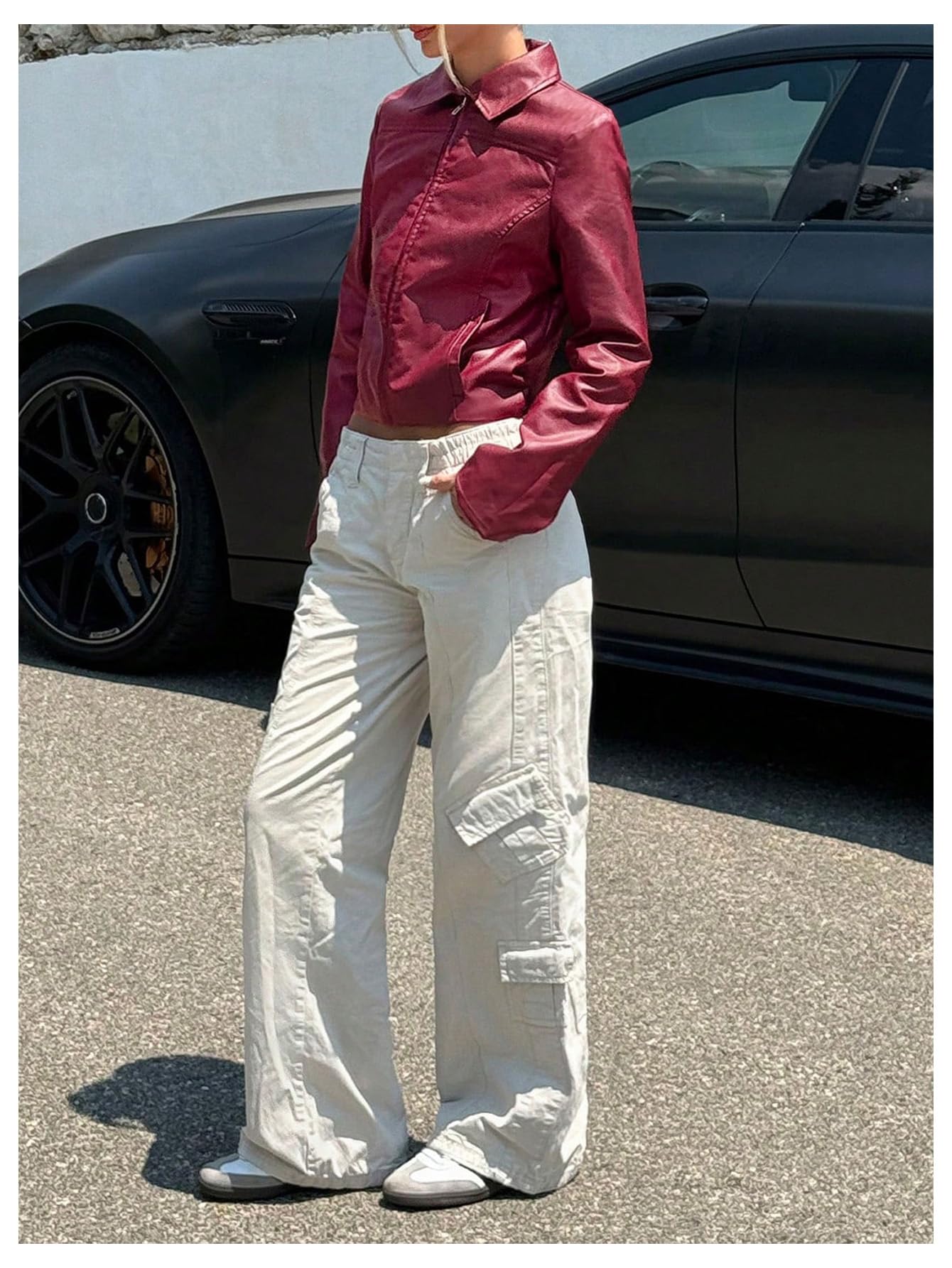 MakeMeChic Women's Crop Faux Leather Jacket Vintage Long Sleeve Collar Zip Up Biker Motorcycle Jackets Coats Burgundy Small