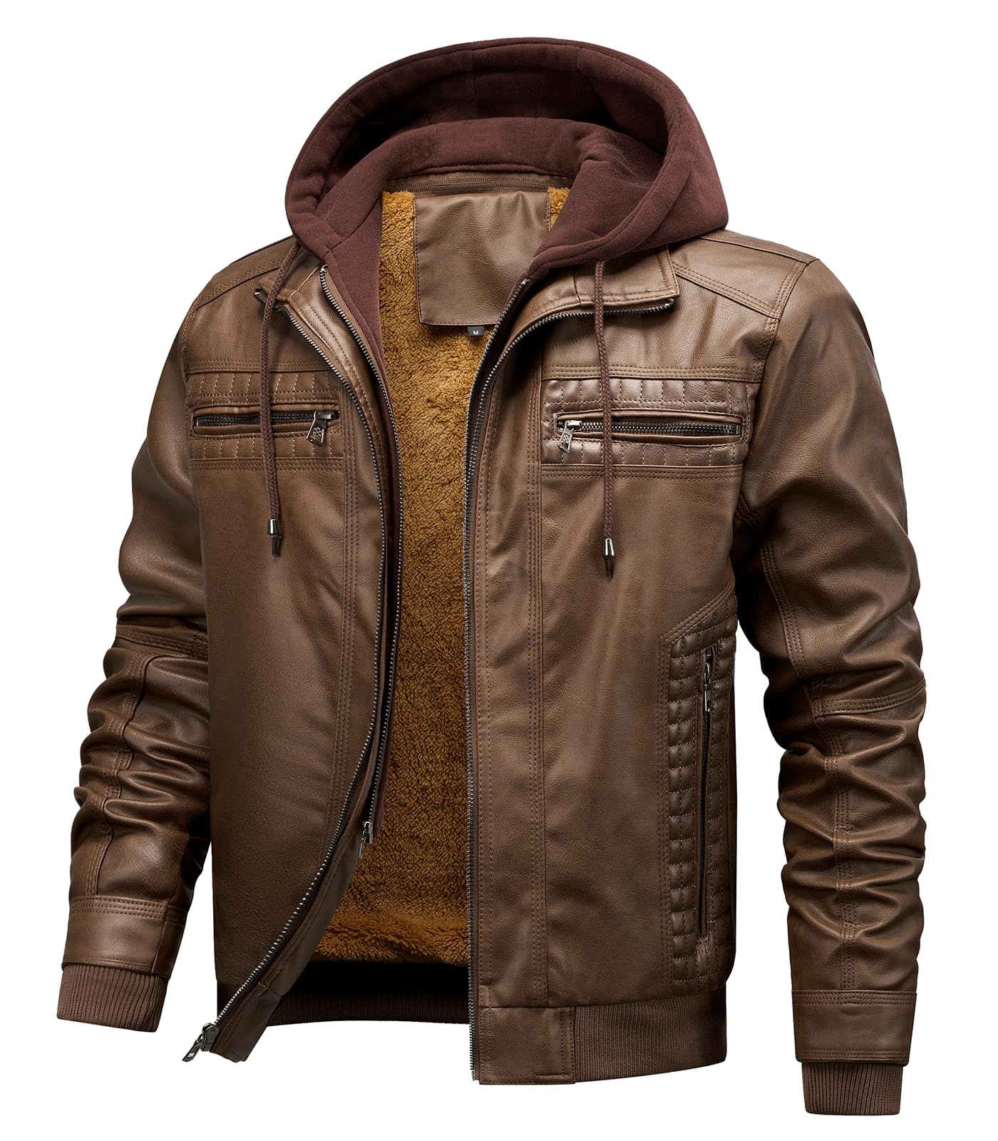 INVACHI Men's Faux Leather Motorcycle Jacket with Removable Hood Windproof Vintage PU Biker Bomber Coat with Fleece Lining