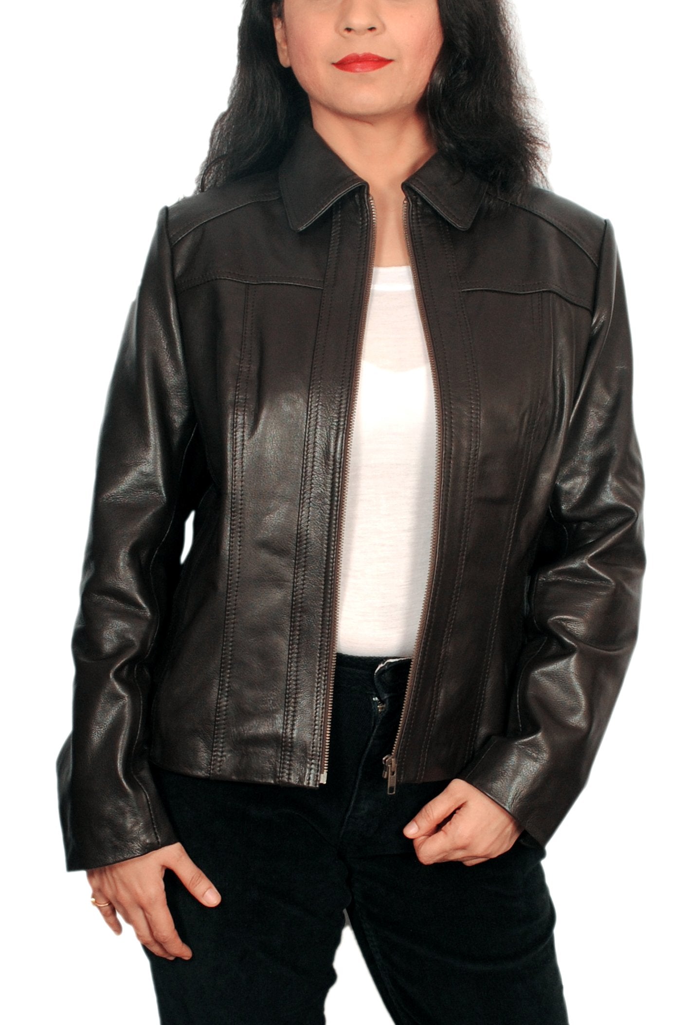 Women's Lambskin Leather Short Peacoat Jacket, Bold Black, Medium