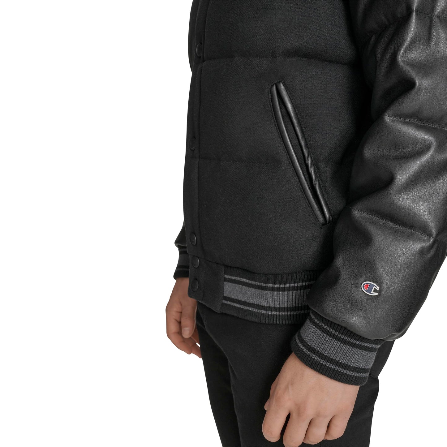 Champion Men's Varsity Bomber Puffer Jacket, Black Faux Leather, Large