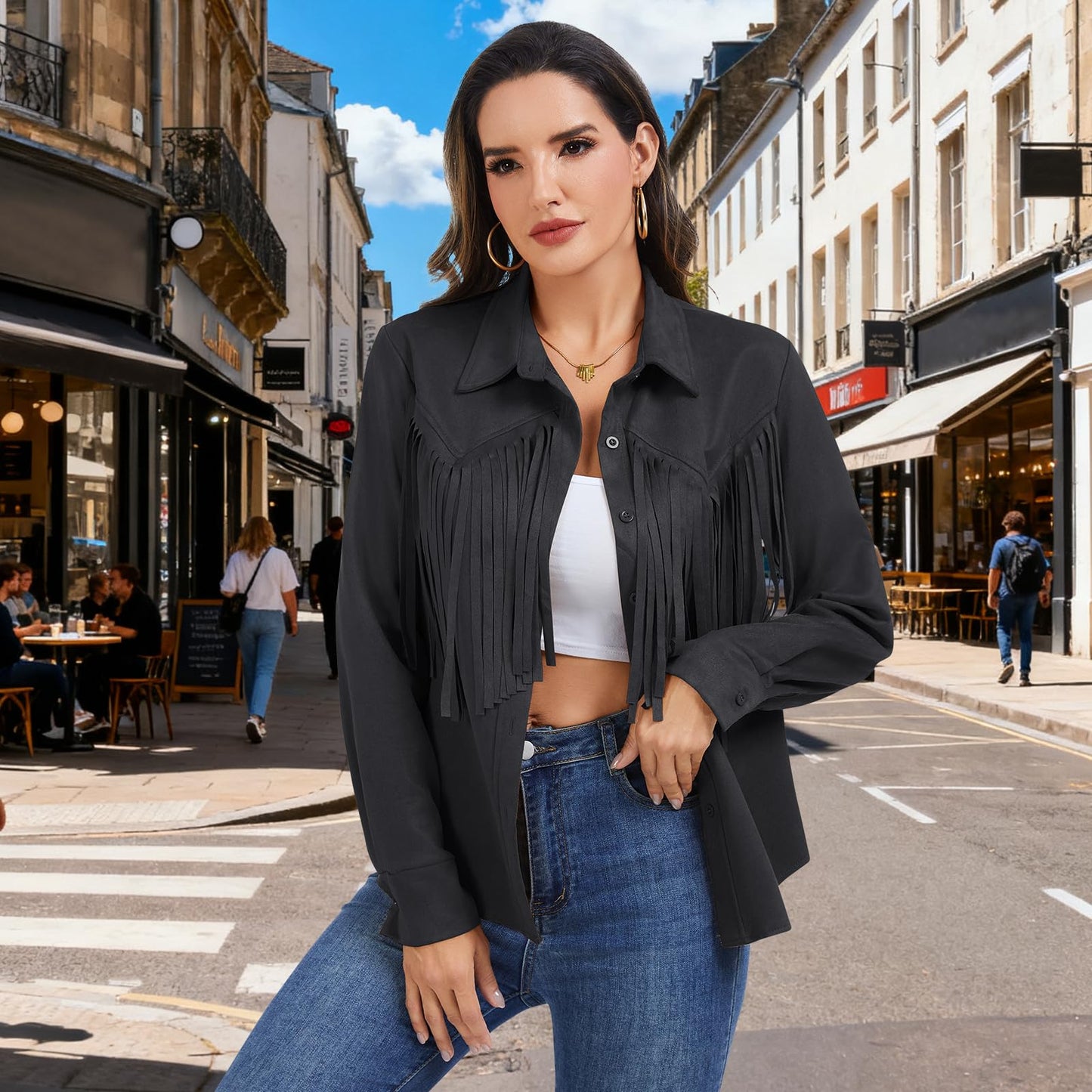 Women's Fringe Shirt, Long-Sleeve Button-up top, Women's Western Cowboy Faux Suede Leather Shirt Jacket (US, Alpha, Small, Regular, Regular, Black)