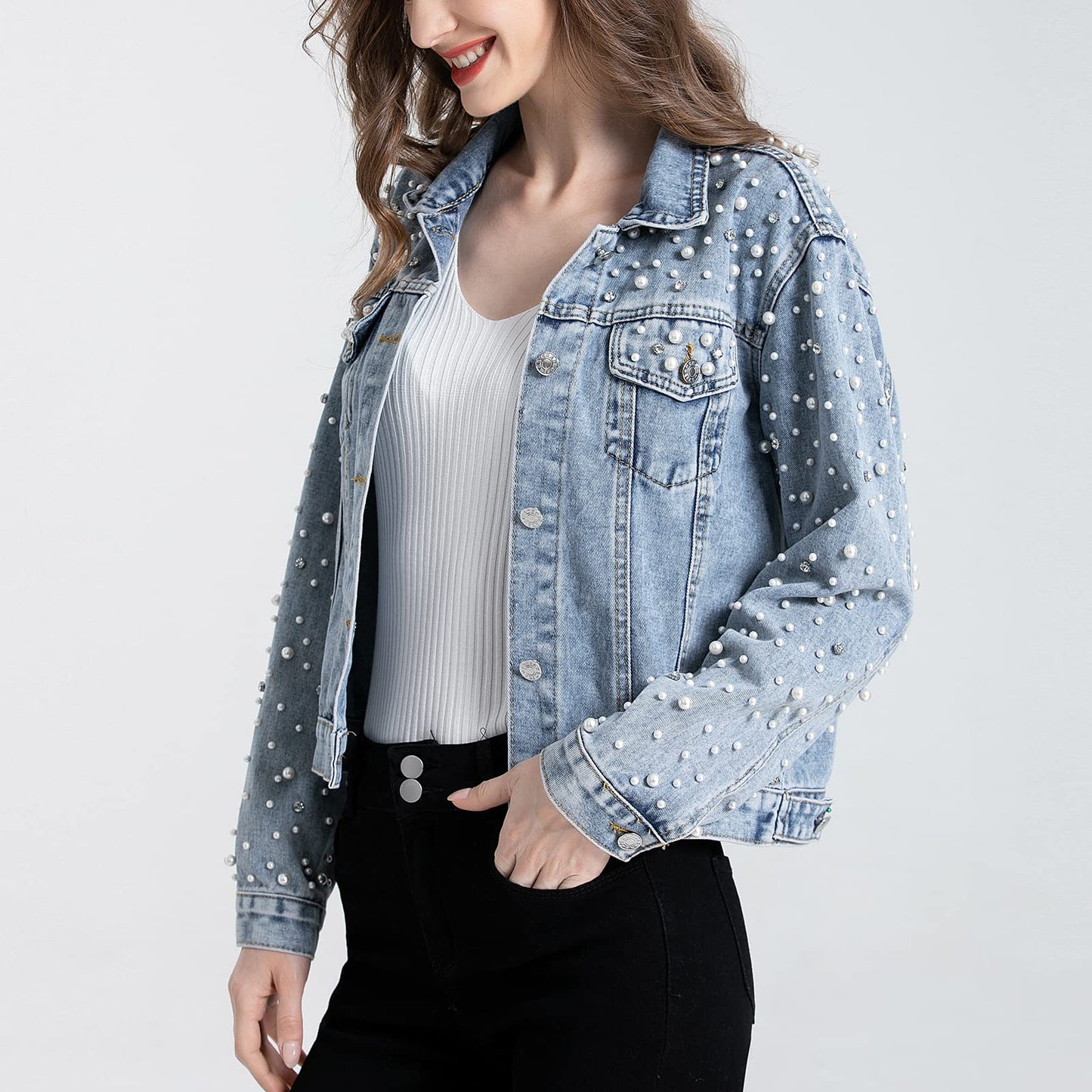 LifeShe Women's Pearls Denim Jacket Cropped Rhinestones Jean Jacket Coat