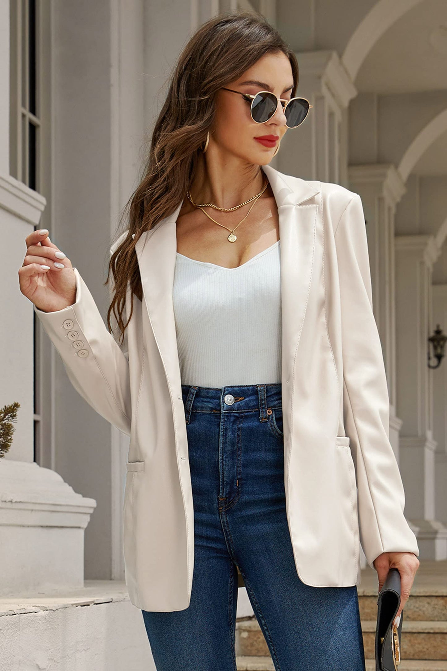 RISISSIDA Women Faux Leather Blazer Jacket,Soft PLeather PU Coat,White,M