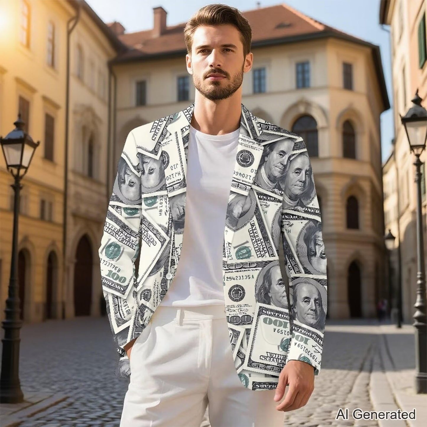 Psaytomey Men's Suit Notched Lapel Slim Fit Stylish Blazer Dress Suit Money Dollar Printed Blazer for Men Business Jackets Suit Jacket Lightweight Casual Blazer