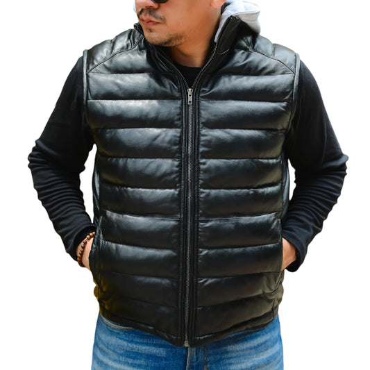 Jild Lambskin Leather Puffer Vest with Removable Hood - Stand Collar Casual Style Sleeveless Leather Jacket Men (Puffer-Blk-L)